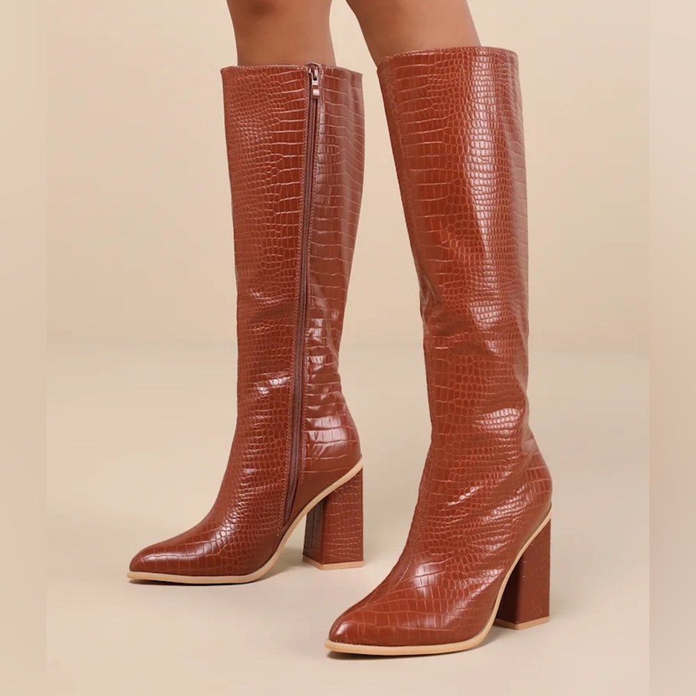 Camel Chestnut Croc-Embossed Heeled Boots